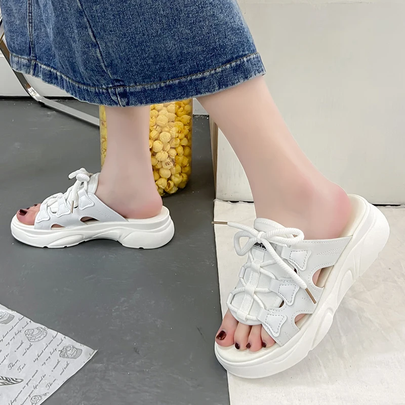 

Shoes Woman 2021 Slippers Casual Platform Med Pantofle Shale Female Beach Luxury Flat New Sabot Rubber Slides PU Cross-tied