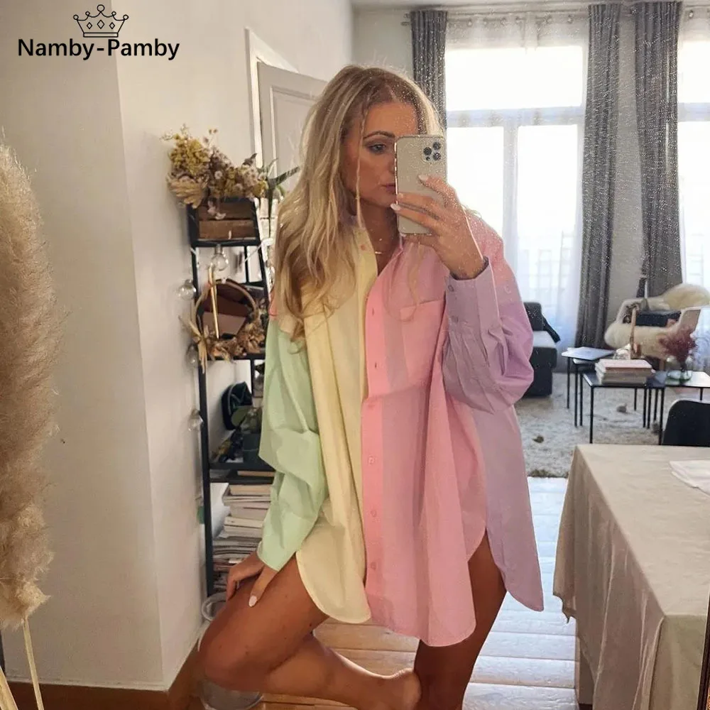 

Summer Women Oversize Streetwears Poplin Patchwork Shirt Female Long Sleeve Single Breasted Shirts Ladies Fashion Blouse