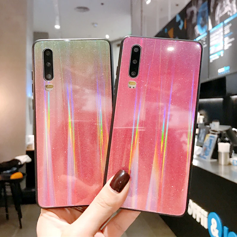 Блестящий чехол с лазерным градиентом для Huawei P20 Lite P30 жесткий защитный из