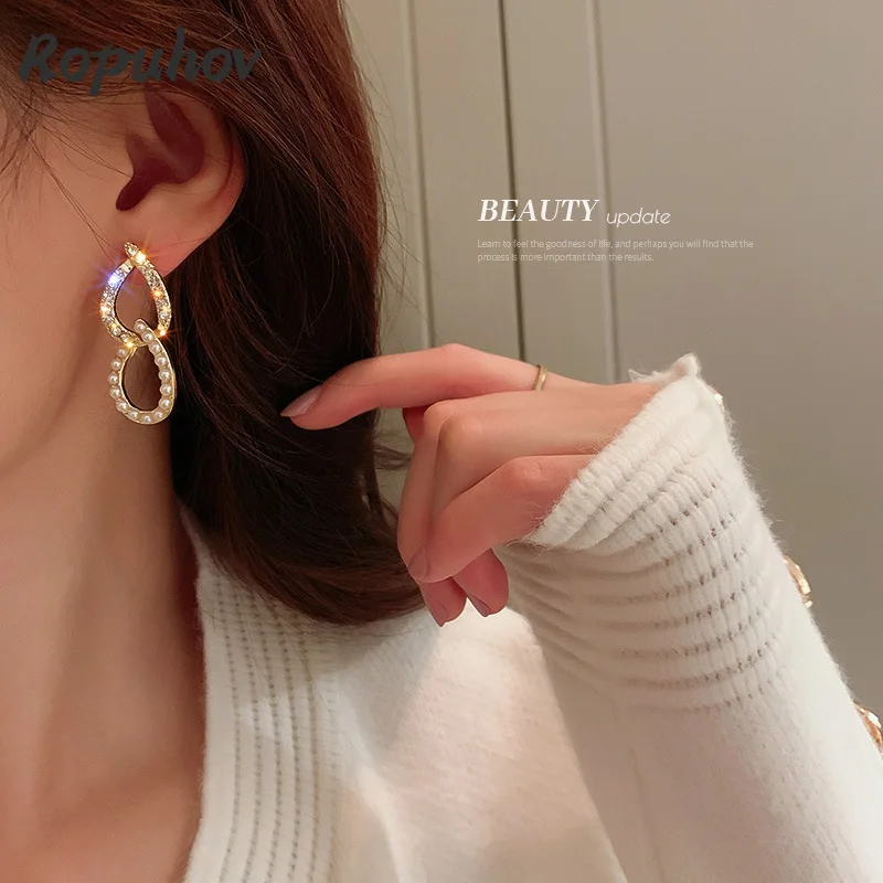 

Новинка 2021, серебристые женские серьги Ropuhov с 8 жемчужинами и бриллиантами, дизайнерские серьги с цепочкой