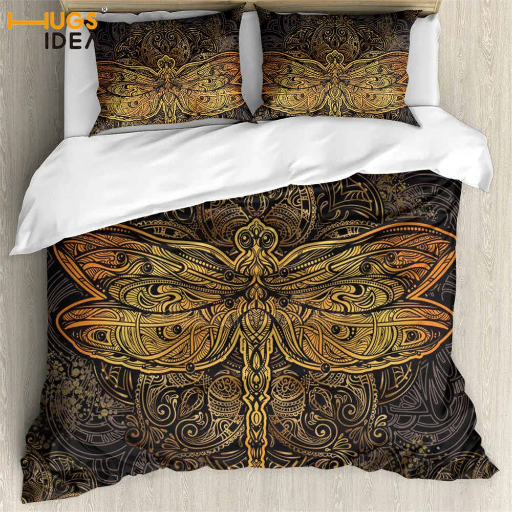

Комплект постельного белья HUGSIDEA с изображением золотистой стрекозы мандалы, текстильный удобный пододеяльник с наволочкой для спальни
