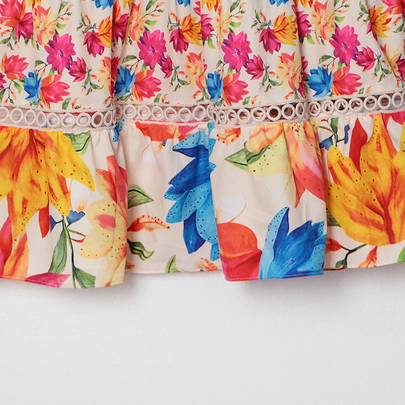 

SISPELL Print Hit Color Dresses For Female V Neck Patchwork Ruffle Backless High Waist Slimming Lace Up Bowknot Women's Dress