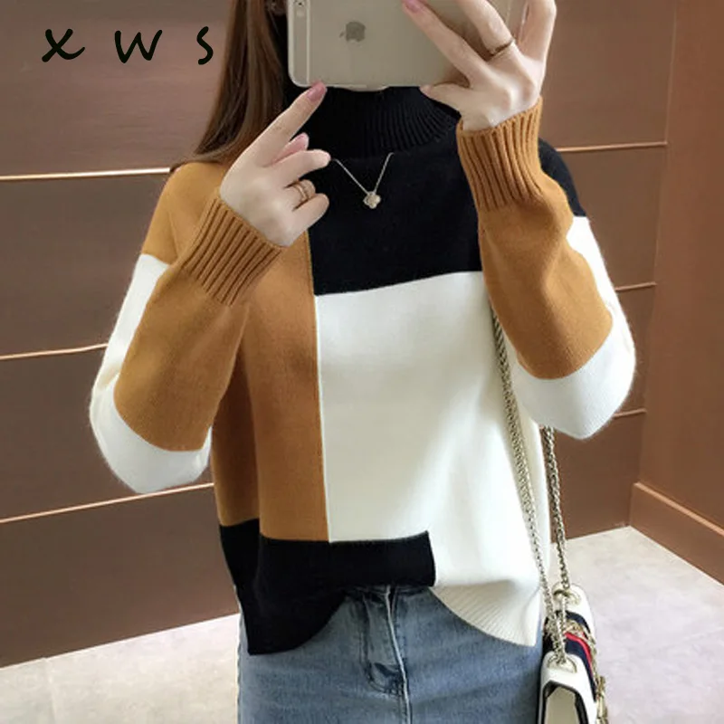 

Korean Fall Fashion Turtlleneck Sweater and Pullovers Loose Patchwork Loose Jumpers oversize Warm Thick Pull Sweaters jumper