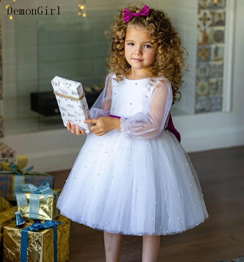 

White Tulle Pearls Little Princess Dress Long Sleeve First Communion Dresses Big Ribbon Kids Clothes Christmas New Year Wear