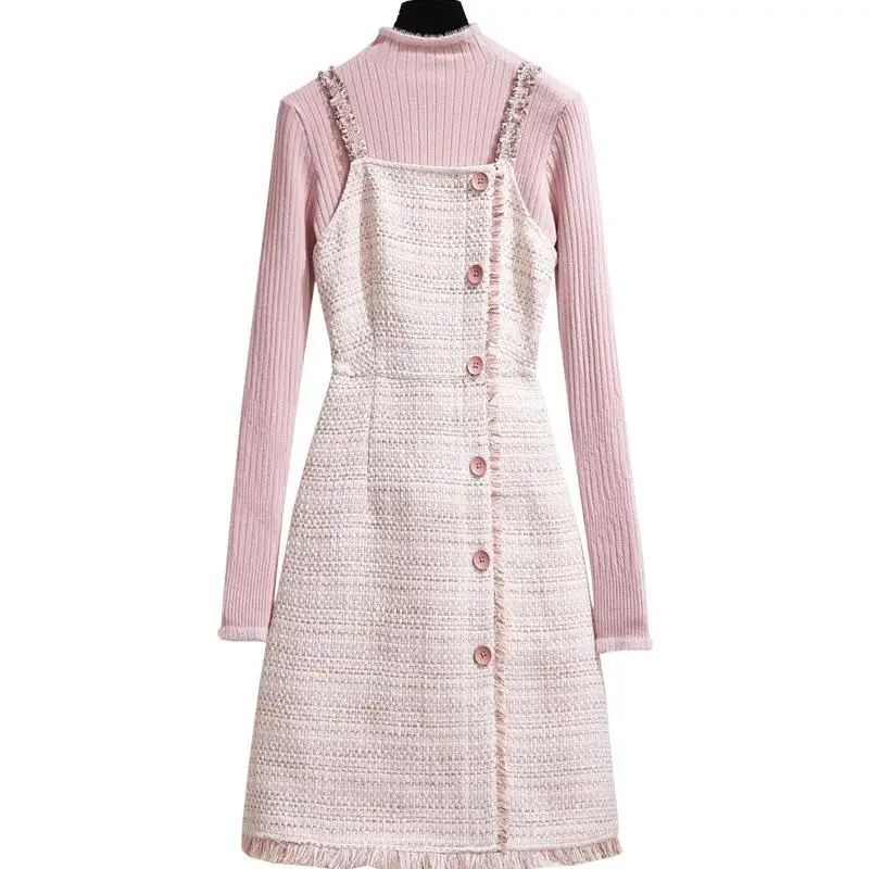 Твидовое шерстяное корейское платье Женский комплект из 2 предметов зимнее