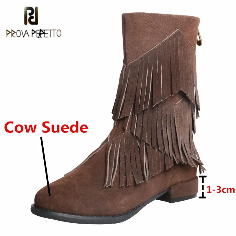 

Prova Perfetto Hand-made Cow Suede Women's Mid-calf Boots Elegant Fringe Round Toe Low Heel Zipper-Sid Office Style Lady Boots