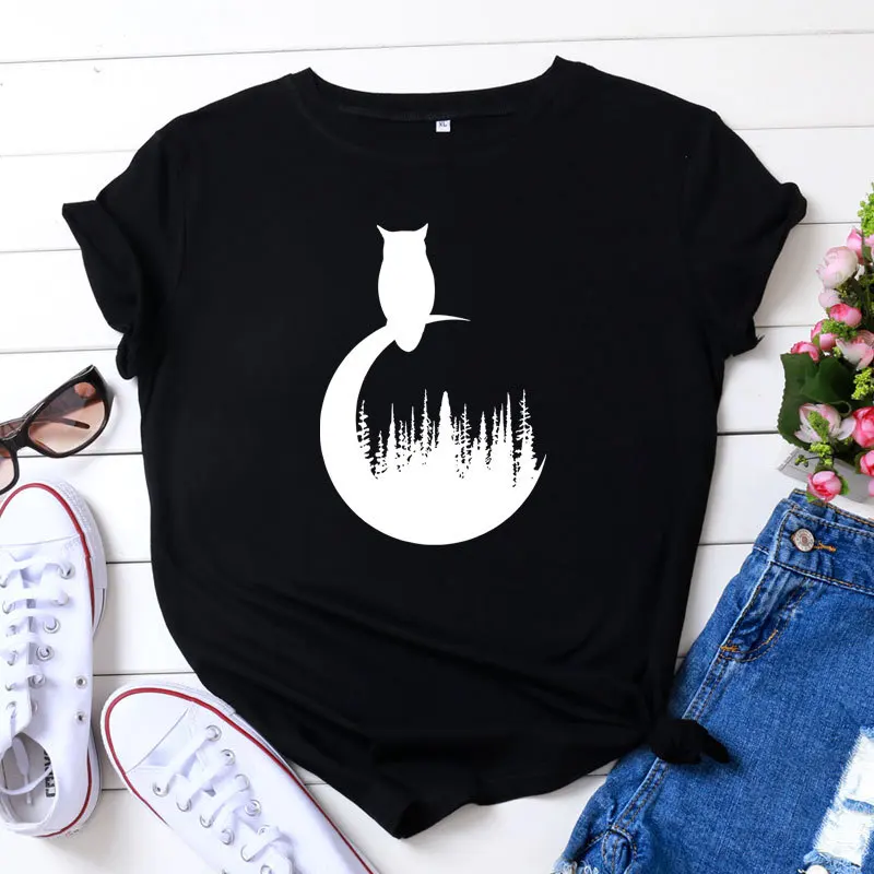 Женская футболка с принтом размера плюс 100% хлопок круглым вырезом и коротким