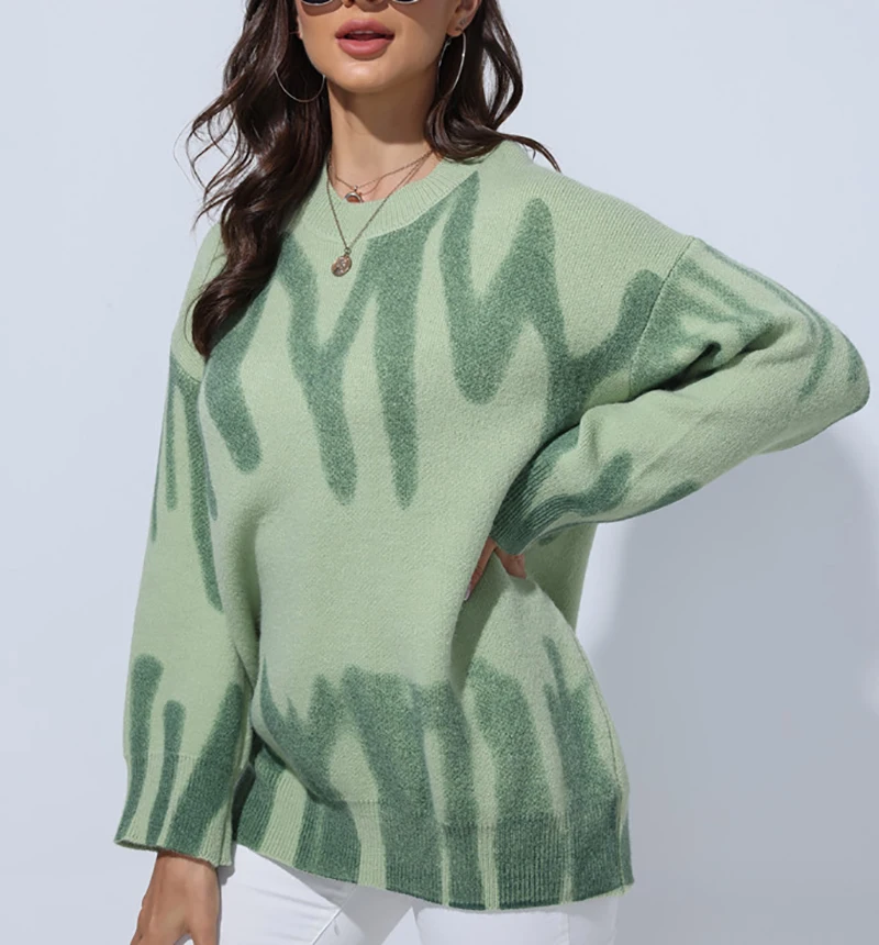 

Women Striped Print Jumper Knitted Sweater Pullovers Vintage Thick Long Sleeve Clothes Loose Crew Collar Tops Causal Streetwear