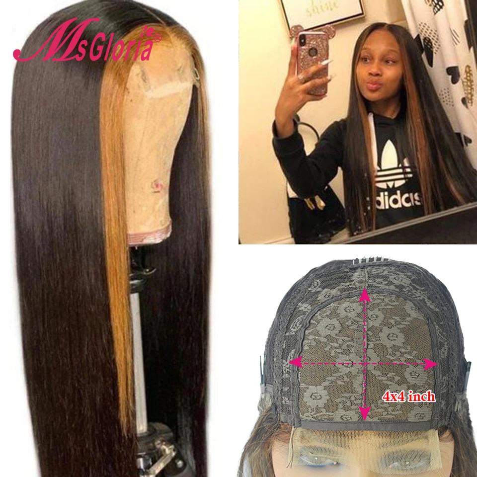 180 плотность прямые 4x4 кружева закрытие парик медовый блонд Выделите Цветные