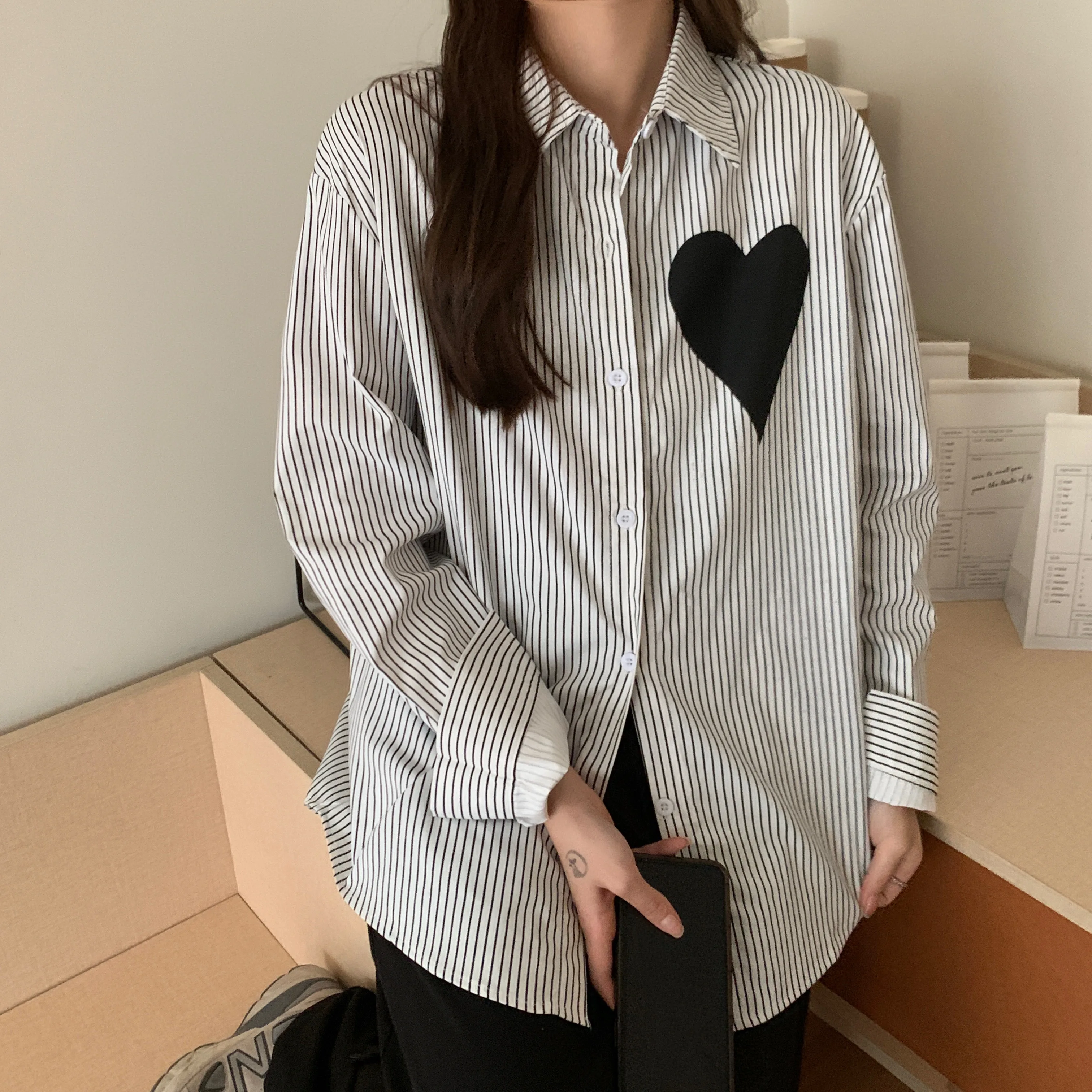 

Striped Tide Love Print Design Women Shirts Minority Long Sleeve Bottomed Shirt Female Top