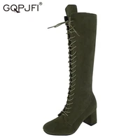 womens autumn shoes knee high faux suede leather thick heel cross tied fashion knight boots keep warm sexy woman high boots
