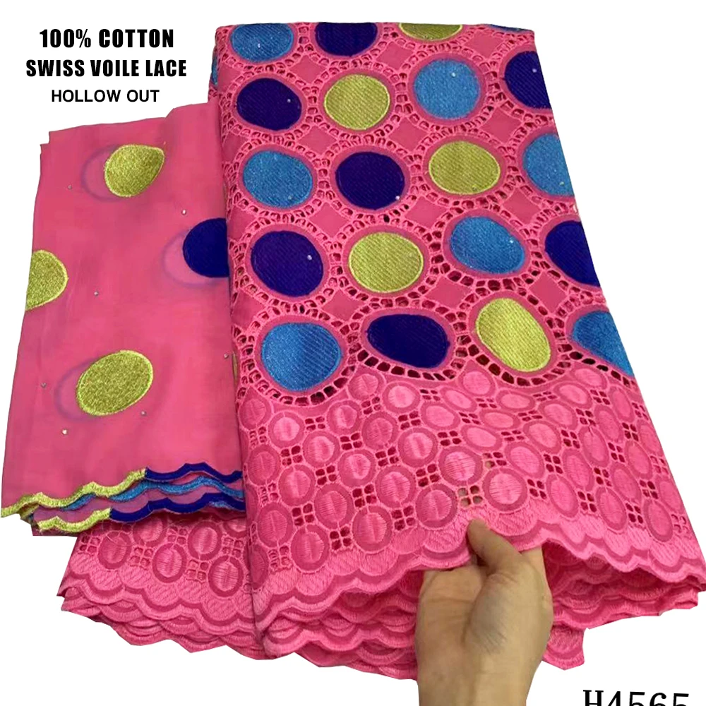 

HFX African New 7YARDS Swiss Polish Lace Fashion Style Good quality Swiss Cotton lace fabric with stone hot selling design H4565