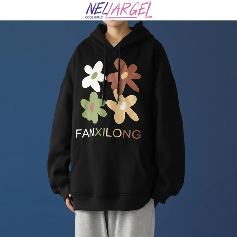 

NELLARGEL Women Flowers Print Hooded Hoodie 2022 Female Winter Harajuku Fashion Sweatshirts Girl Black Letter Graphic Sweatshirt