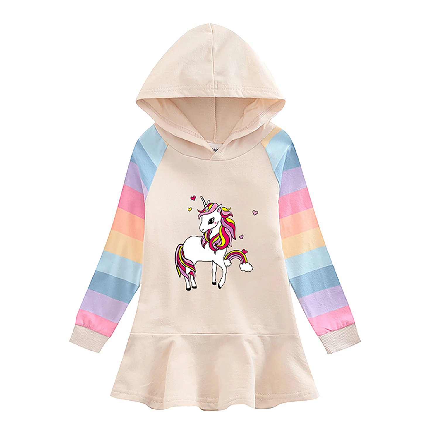 

Oyolan New Cotton Kids Girls Cartoon Hoodies Dress Colorful Long Sleeve Children's Girl's Casual Dresses Baby Hooded Clothes
