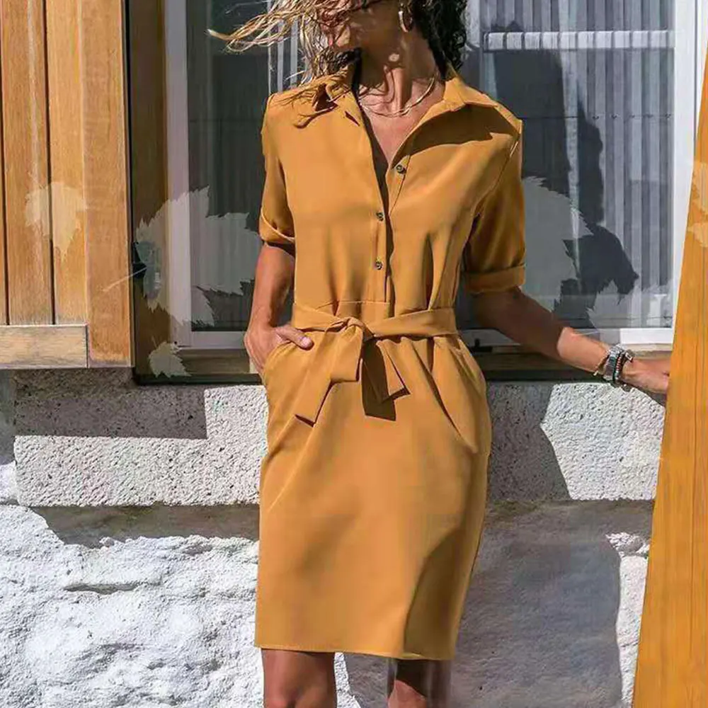 

Elegant Office Shirt Dress Women Turn-down Collar Sashes Knee-length Casual Psrty Loose Dress Vestidos Robe Tunics Sukienka