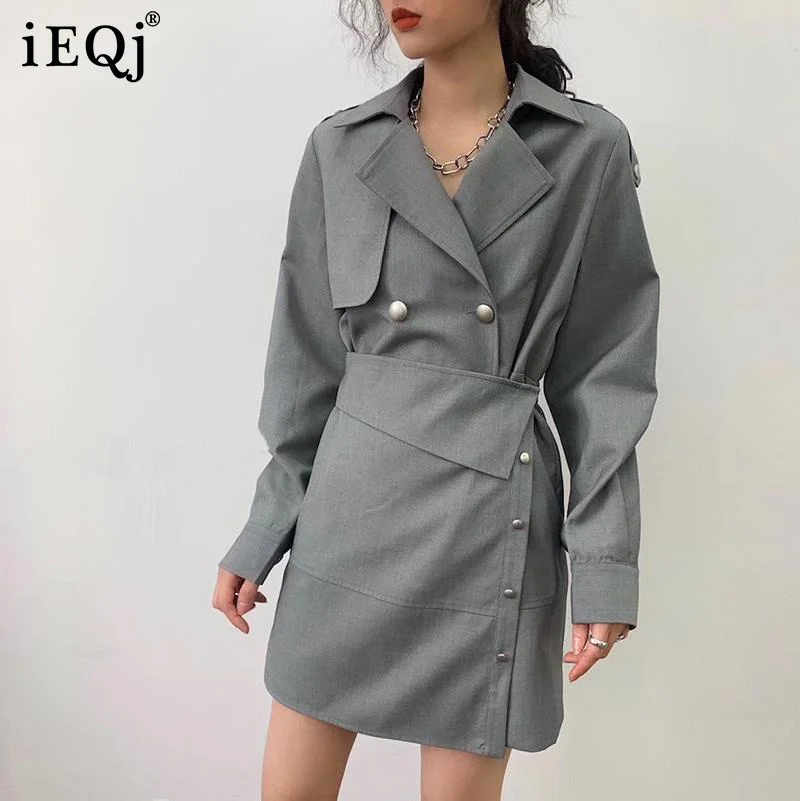 

IEQJ женское серое асимметричное платье с пуговицами, с разрезом, новое свободное модное платье с отворотом и длинным рукавом, весна-осень 2021 ...