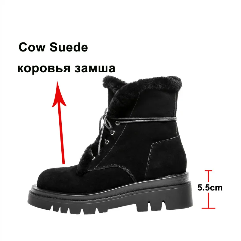 

ANNYMOLI Genuine Leather Snow Boots Woman High Heel Ankle Boots Platform Block Heel Short Boots Lace Up Female Shoes Winter 42
