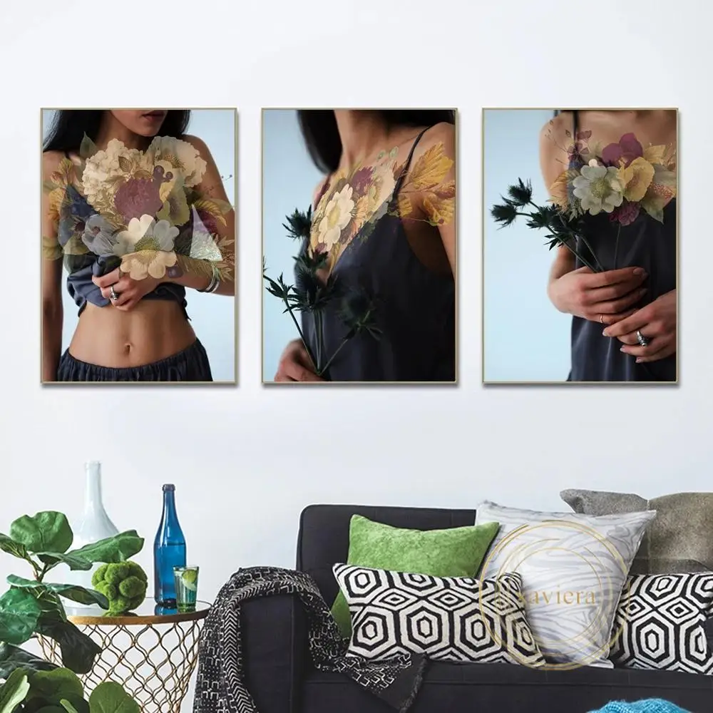 Модная Картина на холсте с изображением сексуальной девушки и цветов постер для