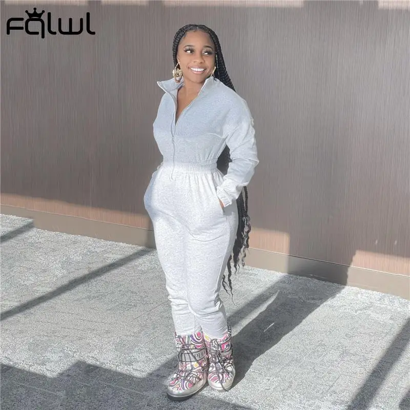 FQLWL зимние повседневные Черные Комбинезоны женские 2021 на молнии с длинным