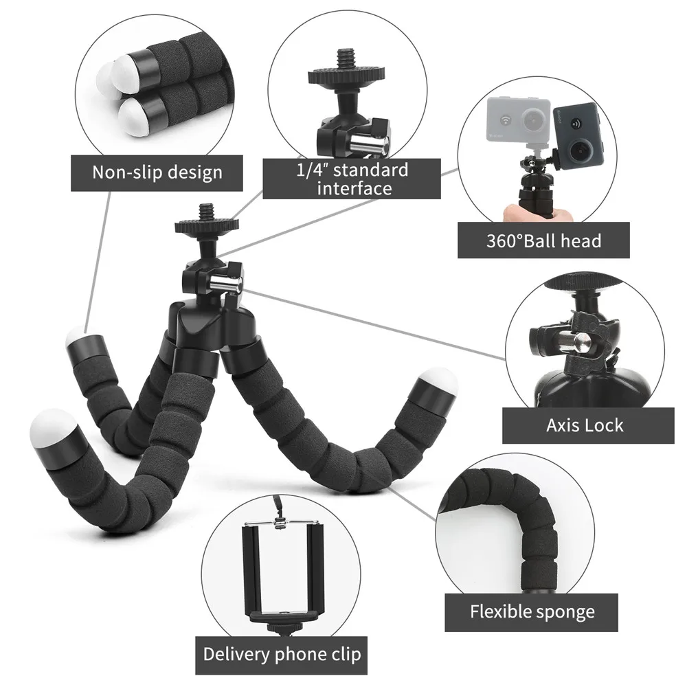 Mini Flexible Camera Tripod Octopus Sponge + Mount Adapter for Gopro Hero 8/7/6/5/4/3/3+/2/1 SJCAM Xiaomi Yi | Электроника