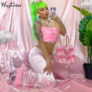 Брюки-клеш Hugcitar женские с высокой талией, меховые расклешенные штаны в стиле пэчворк, модная уличная одежда, брюки, Осень-зима 2020