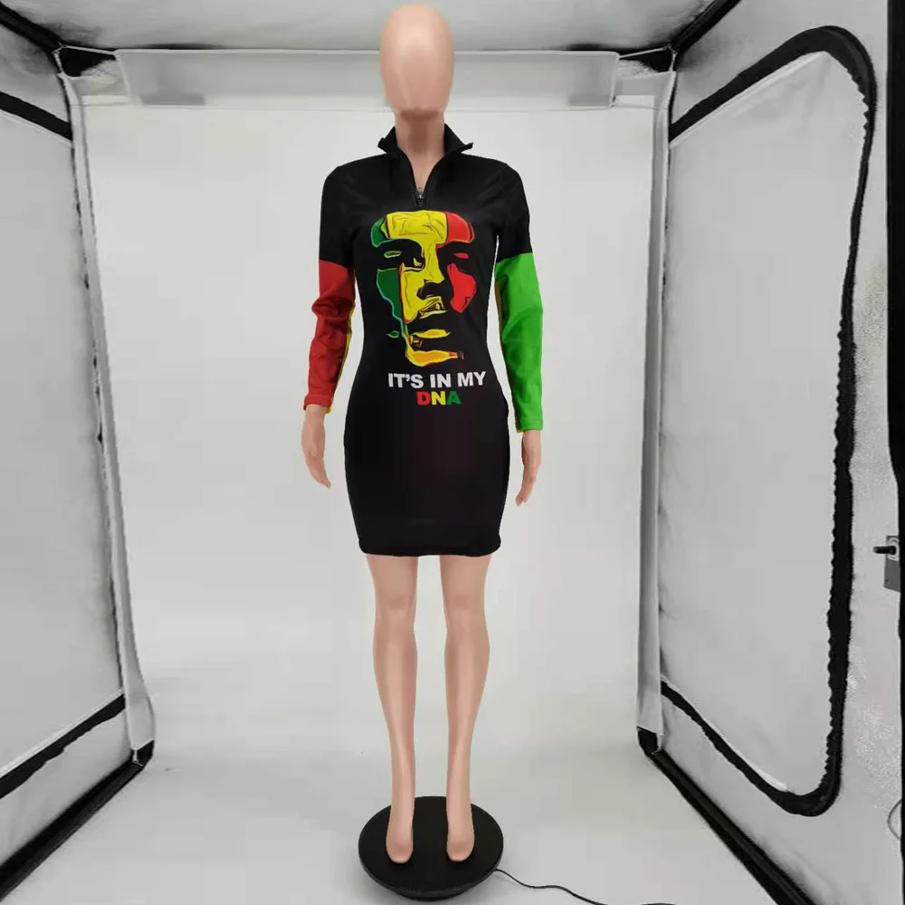 

Character Letter Print Party Club Midi Dress Women Zipper Up Long Sleeve Pacakge Hip Dress Streetwear Color Block Bandage Dress