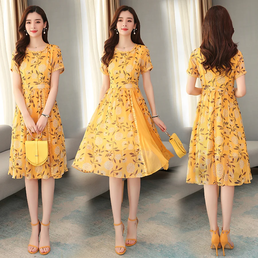 Женское шифоновое платье средней длины винтажное желтое с цветочным принтом
