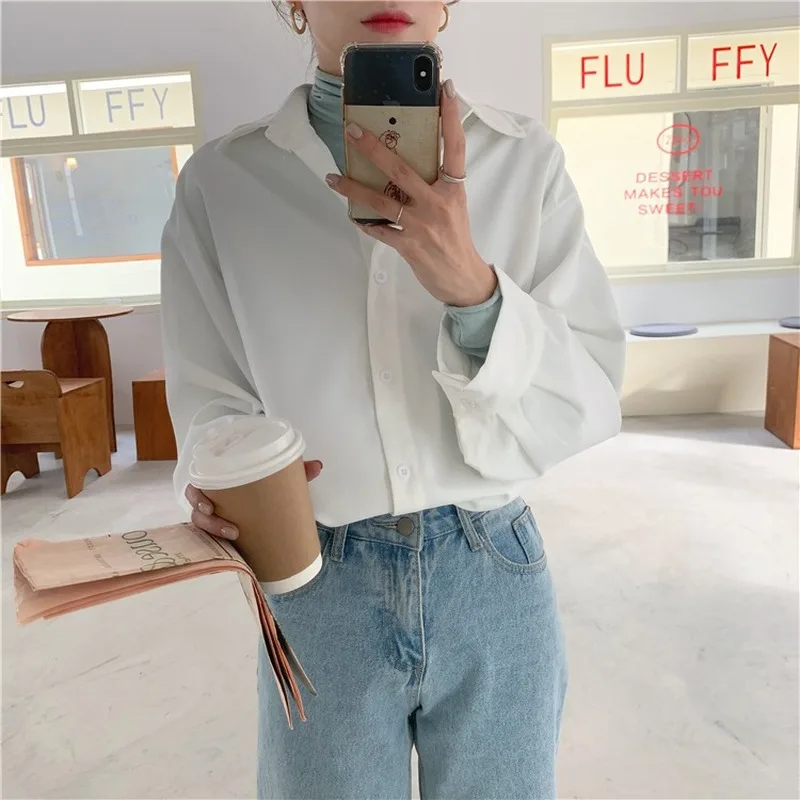 Блузка женская однотонная Винтажная с длинным рукавом рубашка свободного покроя