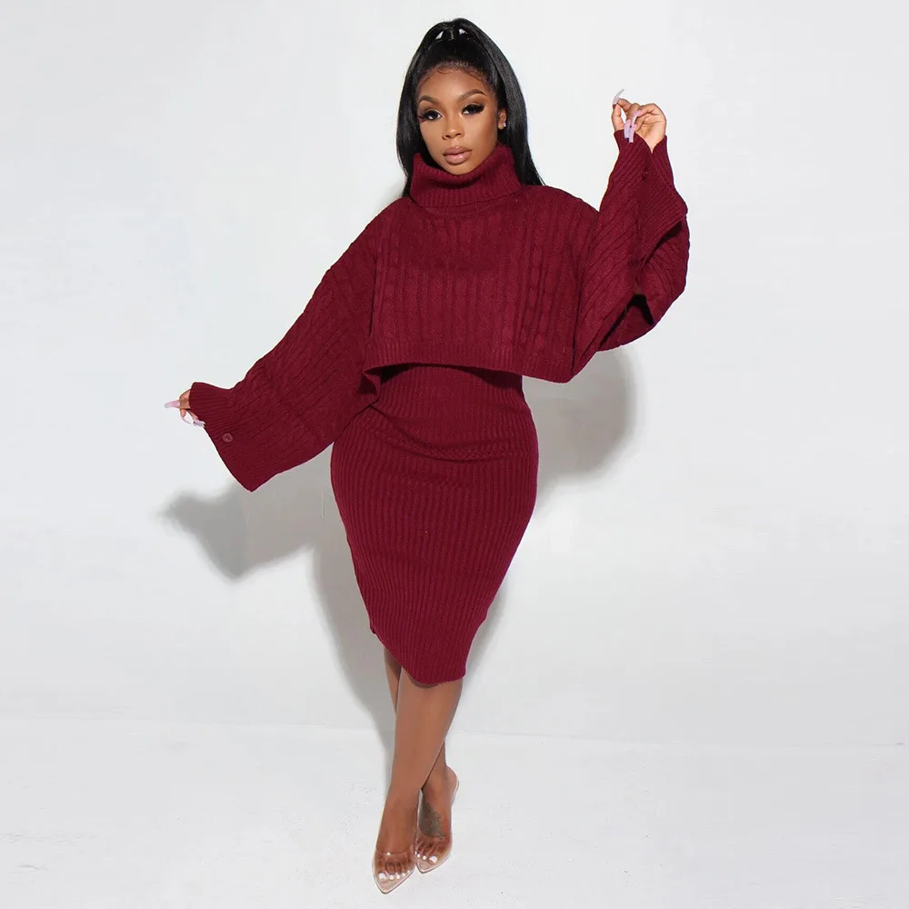Autumn Winter Knitted Sweater Two Piece Set Turtleneck Long Sleeve Loose Crop Top+ Bandage Midi Tank Dress Plus Size Tracksuit