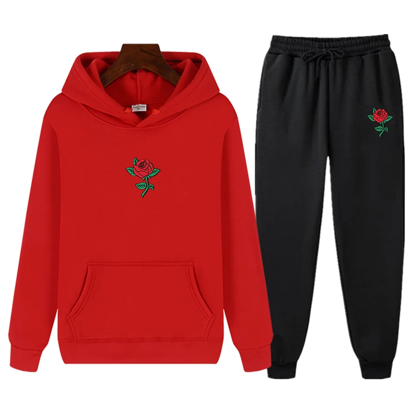 

2021 Autumn And Winter New Men's Rose Print Sportswear Suit Men And Women Fitness Jogging Hooded Pullover + Trousers 2-Piece Set