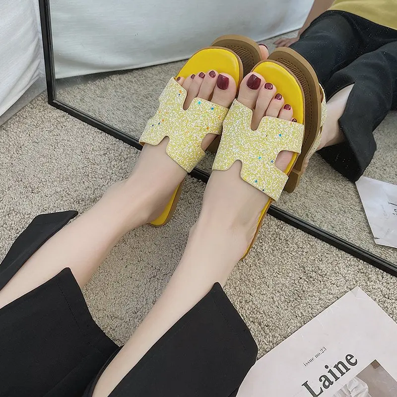 

kalsooni 2021NEW Women PU Flat Sandals Bling Beach Shoes Outside Slippers