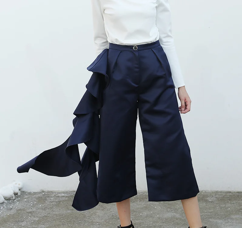 

Women Street Fashion Irregular Ribbons Calf Length Pants High Waist Wide Leg Trousers