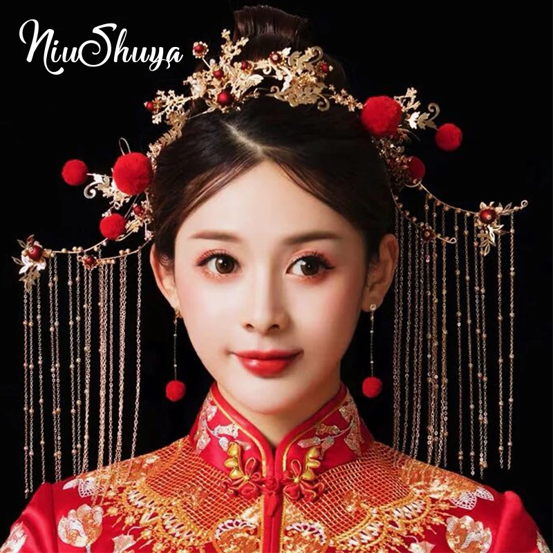 

NiuShuya Elegance Chinese Traditional Red Pompom Bridal Headpiece Costume Hairpins Tassel Wedding Jewelry Hair Accessories