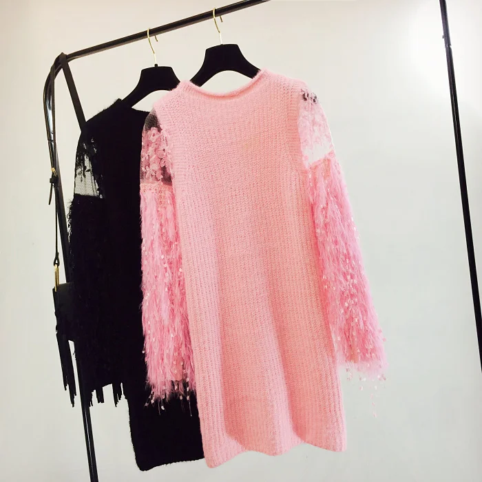 2019 new lace stitching perspective fringed sleeve sweater Lantern skirt long coat tide | Женская одежда