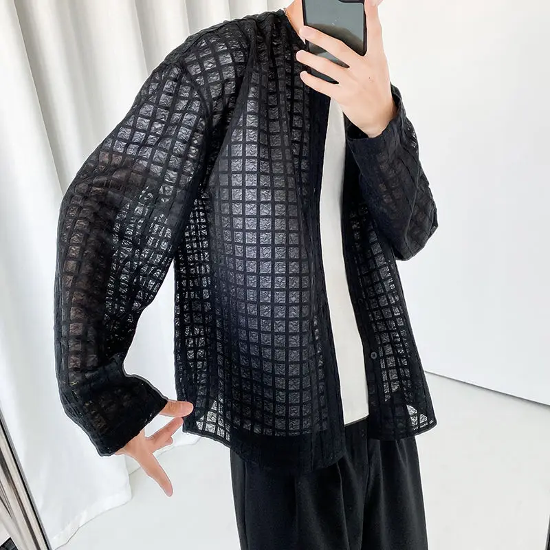 

Plaid Sun Protection Clothing Men White Black Cardigan Sun Protection Clothing Men Korean Fashion Casual Sun Protection Clothing