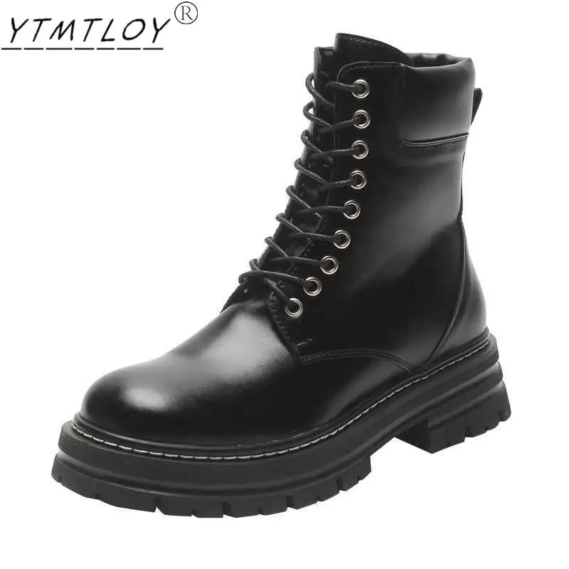 

Women's British Style Round Toe Lace Mid-tube Side Zipper Fashion Personality Mid-heel Motorcycle Boots Women's Ankle Boots