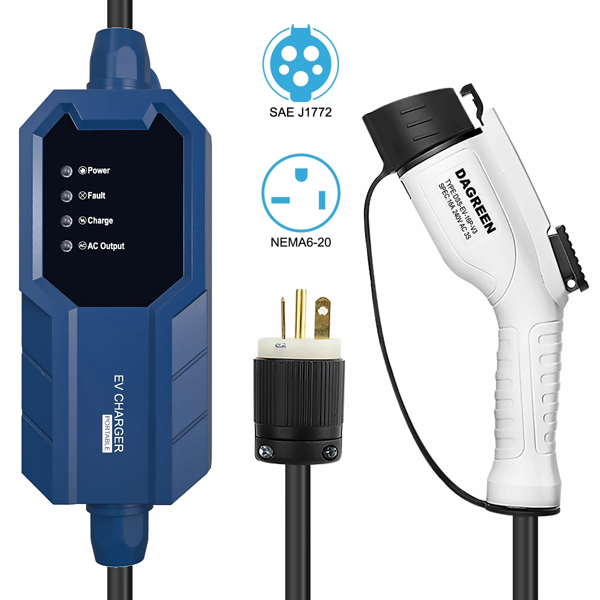 

16A Level 2 Portable EVSE Charger SAE J1772 100V-240V NEMA 6-20 Plug