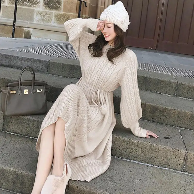 2020 Autumn Winter Lantern Sleeve Long Women Dresses Female Knitted Warm Dress Ladies A Line Knit Pullover Sweater Vestidos E13 | Женская