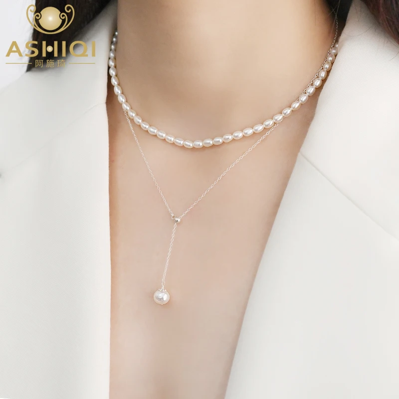 

ASHIQI 7-8mm Oval Natural Freshwater Pearl Necklace 925 Sterling Silver jewelry for women fashion Adjustable length Chain