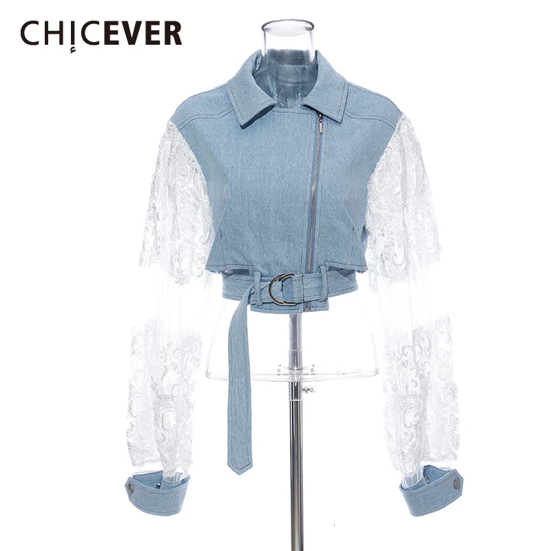 CHICEVER Лоскутная кружевная джинсовая куртка для женщин воротник с лацканами