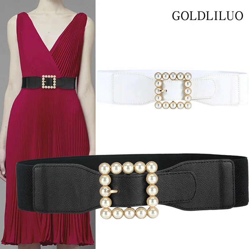 Новый Модный Эластичный пояс с имитацией жемчуга эластичный широкий для женщин