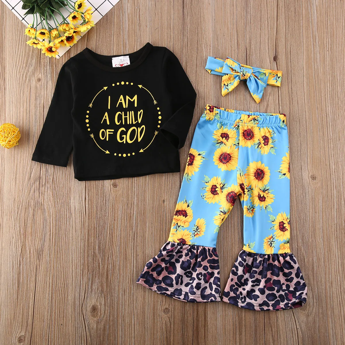 Pudcoco Toddler Baby Girl Clothes Letter Long Sleeve T-Shirt Tops Sunflower Leopard Print Bell-Bottoms Headband 3Pcs Outfits Set | Детская