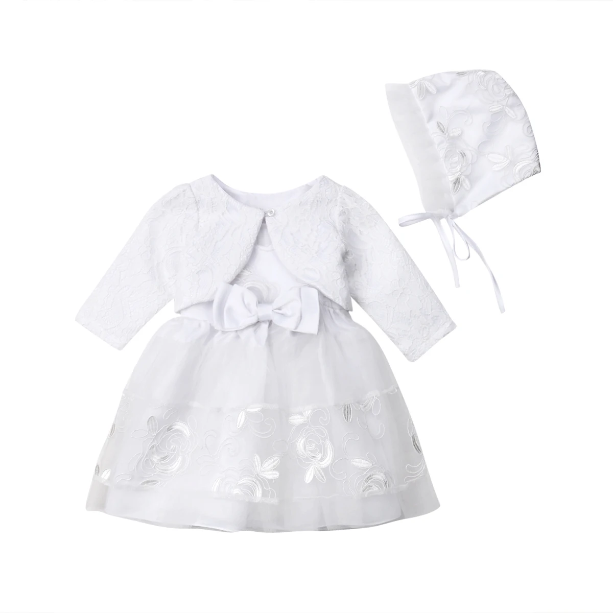 2020 Baby Girls Ivory Lace 3Pcs Clothes Set Fashion Babies Casual Party Christening Dress Bonnet Jacket 0-18M ropa de bebe niña