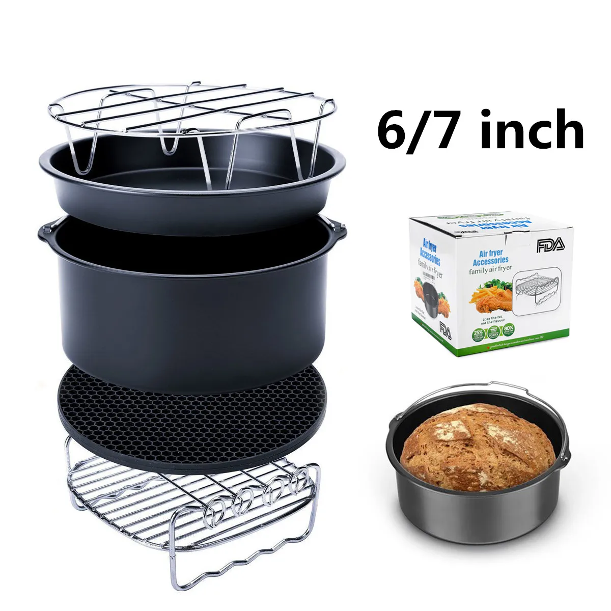 

5Pcs 6/7 Inch Air Fryer Accessories Cake Pizza Cage Steaming Frame Grill Insulation Pad for All Airfryer 3.7 4.2 5.3 5.8QT