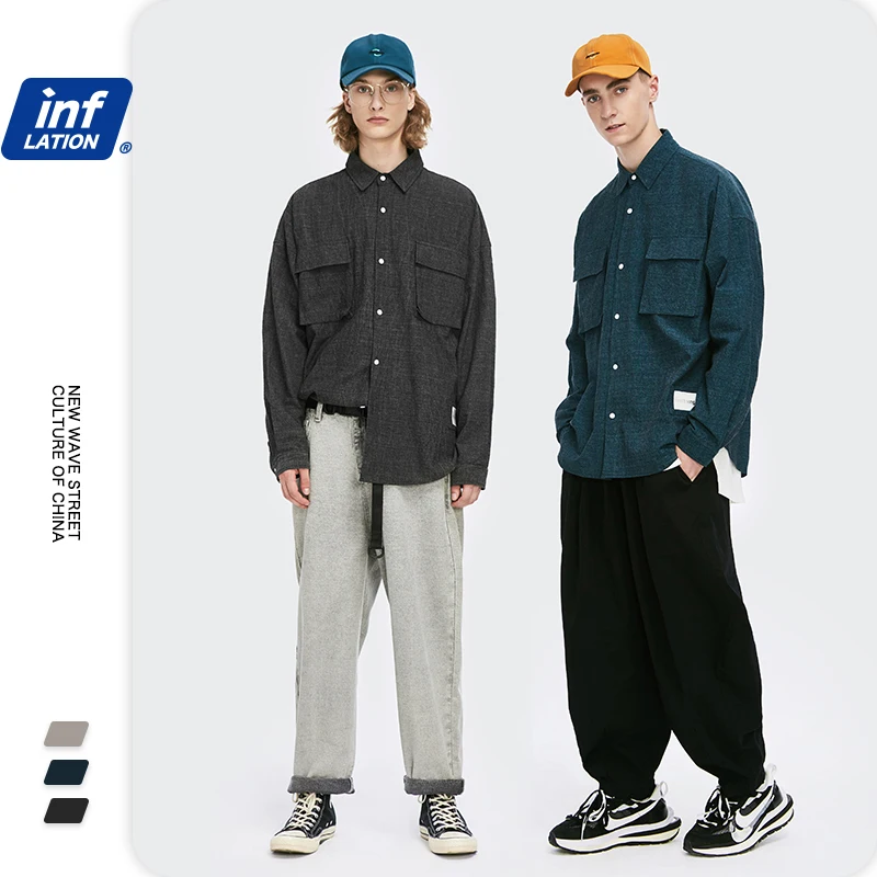

INFLATION Autumn Cotton Long Sleeve Men Shirt 2020 FW Collection Streetwear Boy Shirt With Pocket Mens Casual Shirt Soild Color