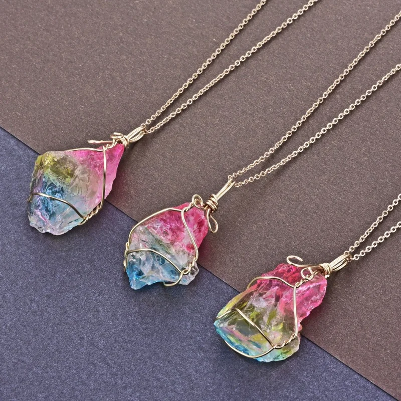 

Natural Rough Stone Copper Wire Winding Seven Color Crystal Pendant Transparent Multicolor Chain Charm Necklace Jewelry Choker
