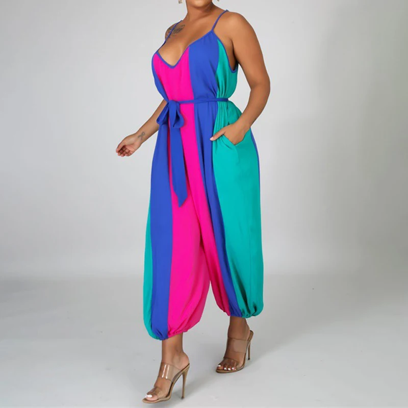 

Women Summer Color Stripes Printed Lace Up V Neck Women Jumpsuit One Piece Outfit Loose Jumpsuit Rompers Womens Jumpsuit