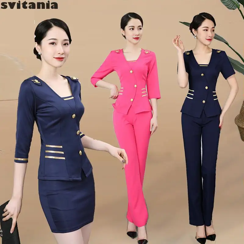

Svitania Work Clothes Women Pants Suit Waitress Clothing Hairdresser Manicurist Uniform Hotel Uniform Reception