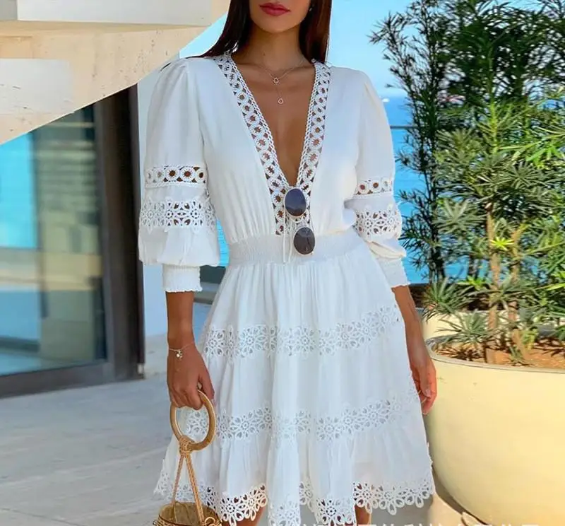 

Women White Deep V Neck Lace Trim Mini Dress