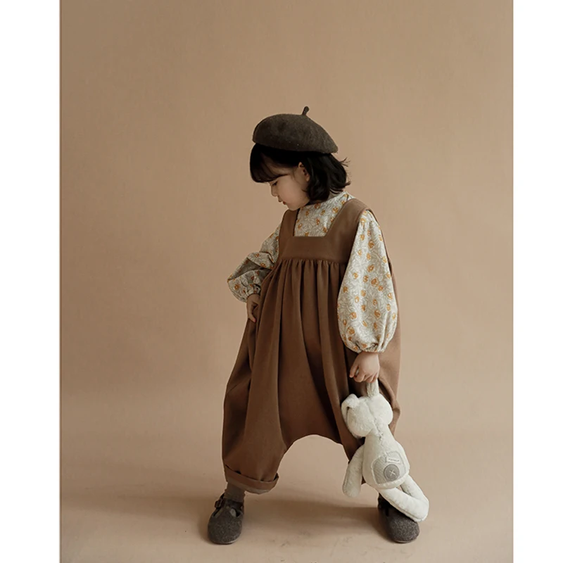 

2020 Boys and Girls Solid Color Cotton Casual Delicate Texture Retro Personality Loose Overalls Toddler Children Suspender Pant